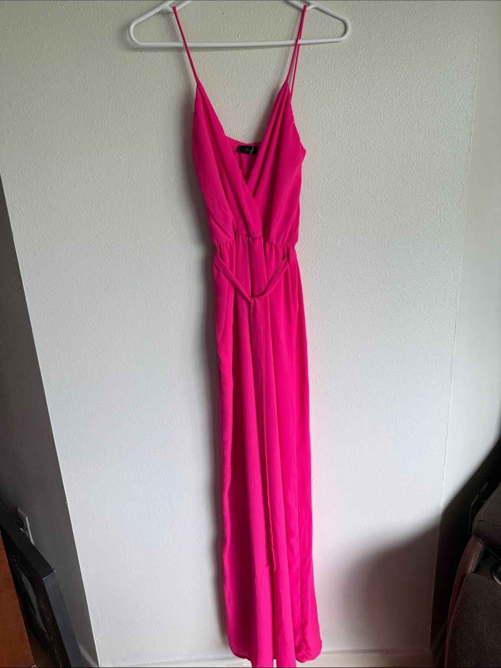 Fuchsia Spaghetti-Strap Maxi Dress with Wrap Bodice